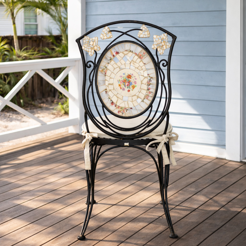 Vintage Wrought Iron Mosaic Accent Chair – French Country Garden Vanity Chair