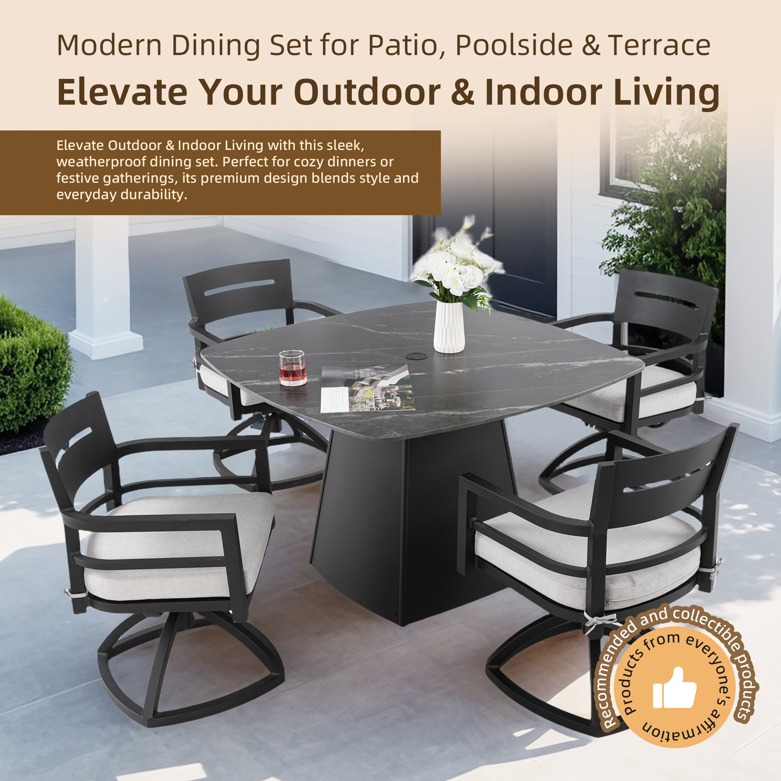 5 Piece Patio Dining Set 44″ Round Square Sintered Stone Table 4 Swivel Chairs