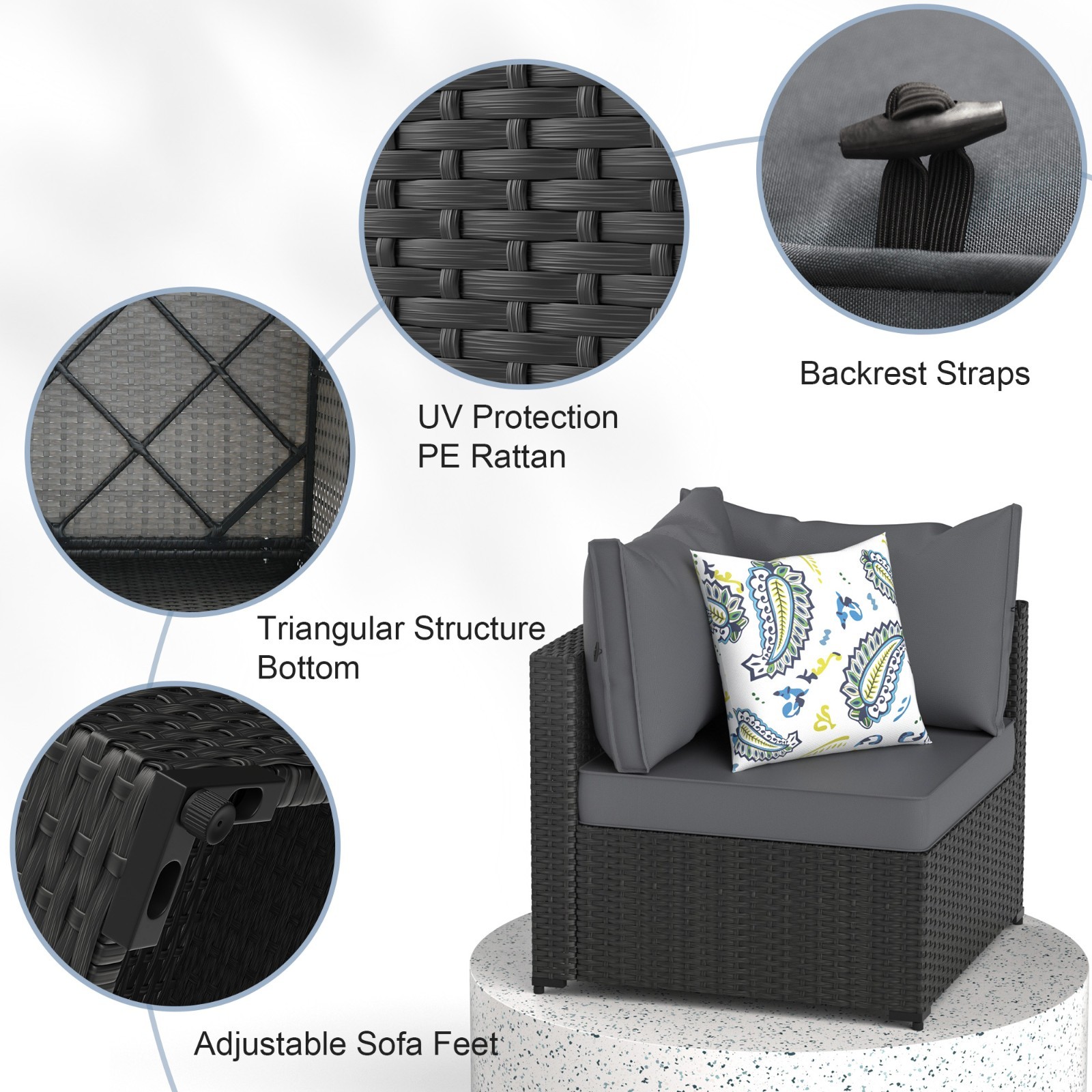 Grey Patio Furniture Set Outdoor Sectional Sofa with Table Rattan Wicker Couch