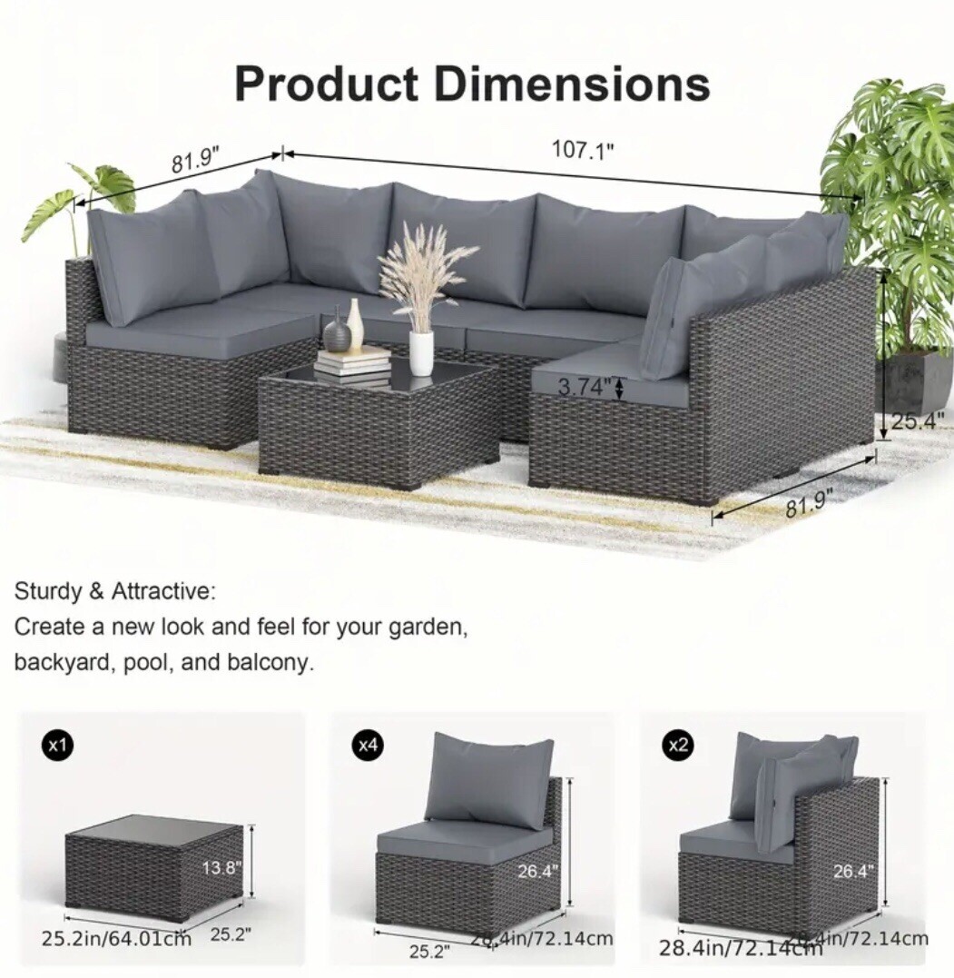 7pcs Outdoor Couch with Glass Table