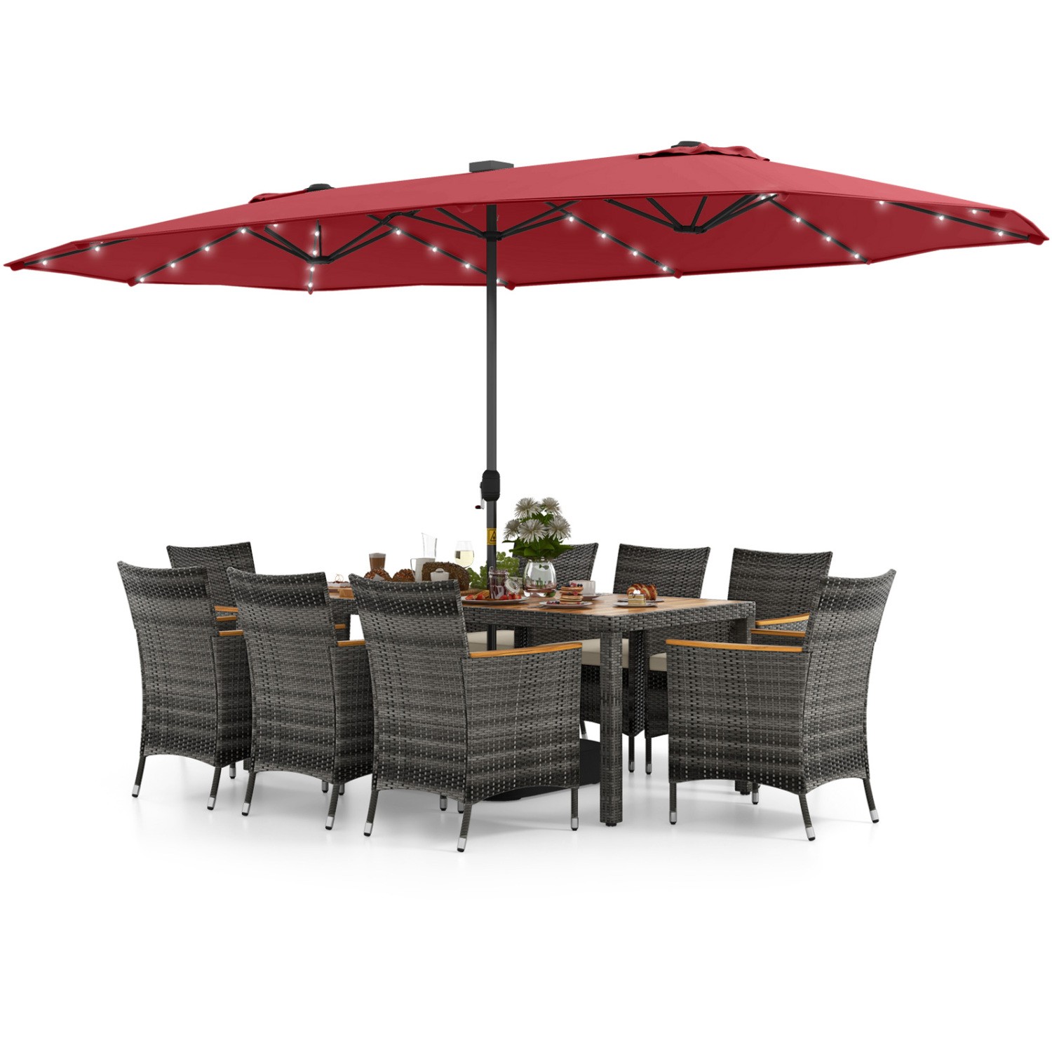 11Pcs Patio Dining Set 15Ft Double-Sided Umbrella Base Included Wine