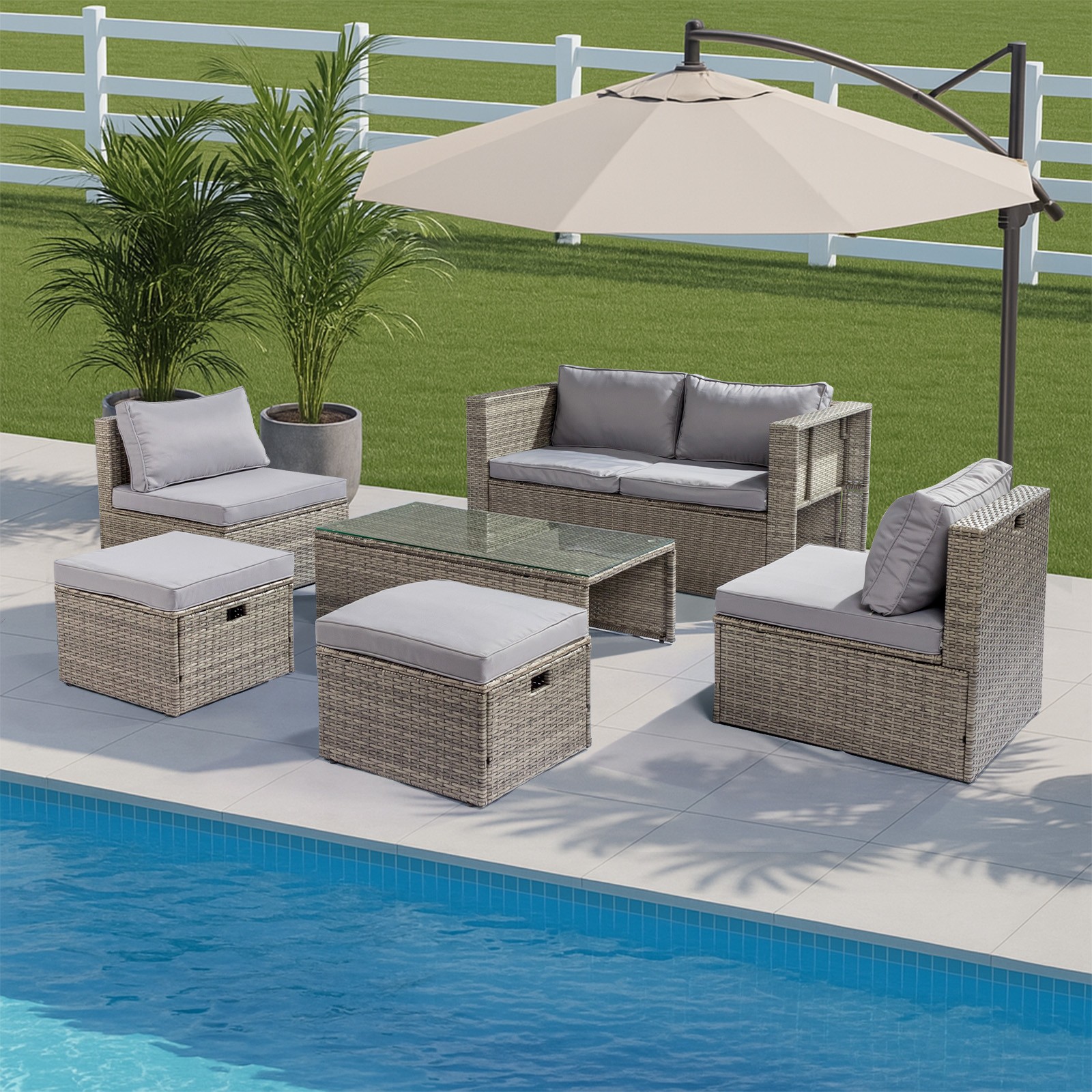 6 Piece Outdoor Patio Rattan Sectional Furniture Chair Set with Table, Footstool