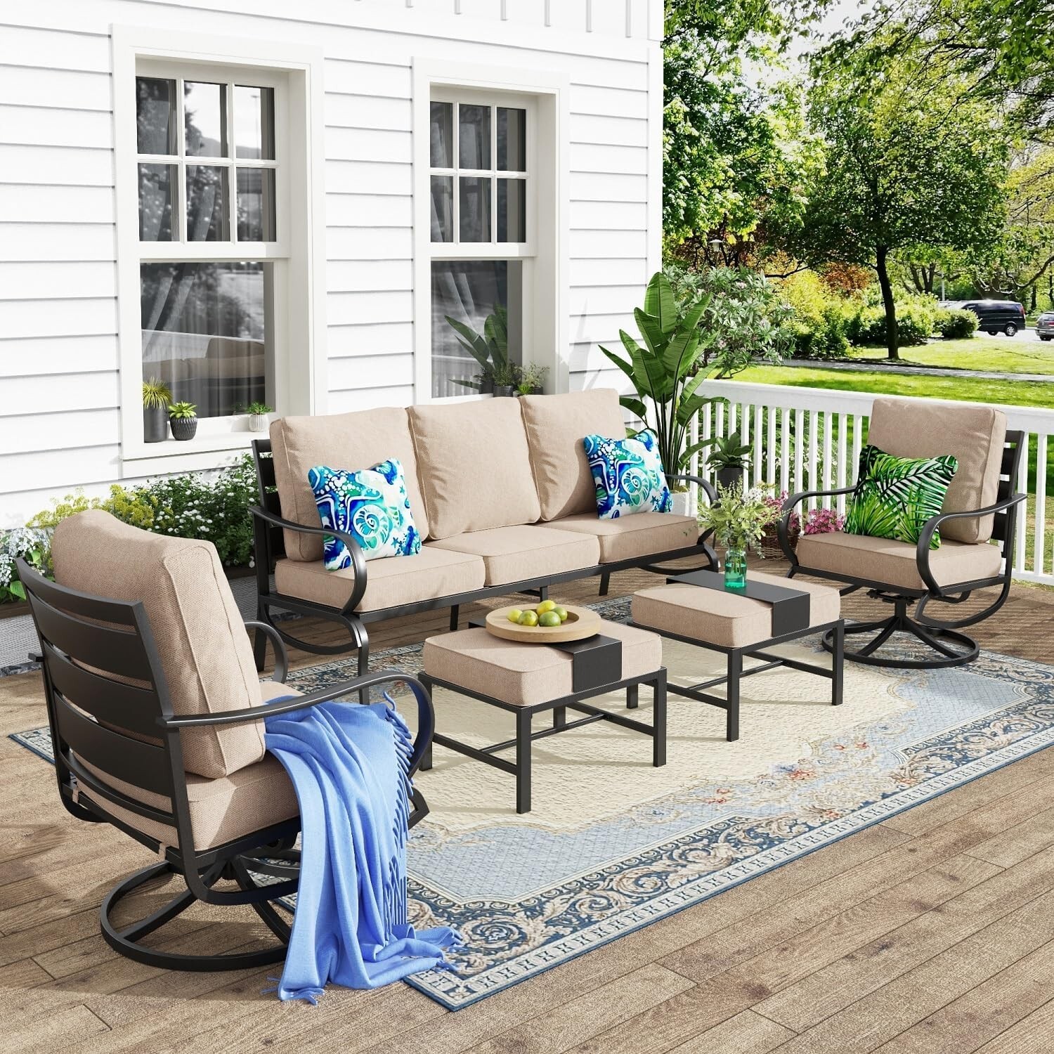 Patio Conversation Sofa Sets Outdoor Furniture Set with Swivel Chairs Ottoman