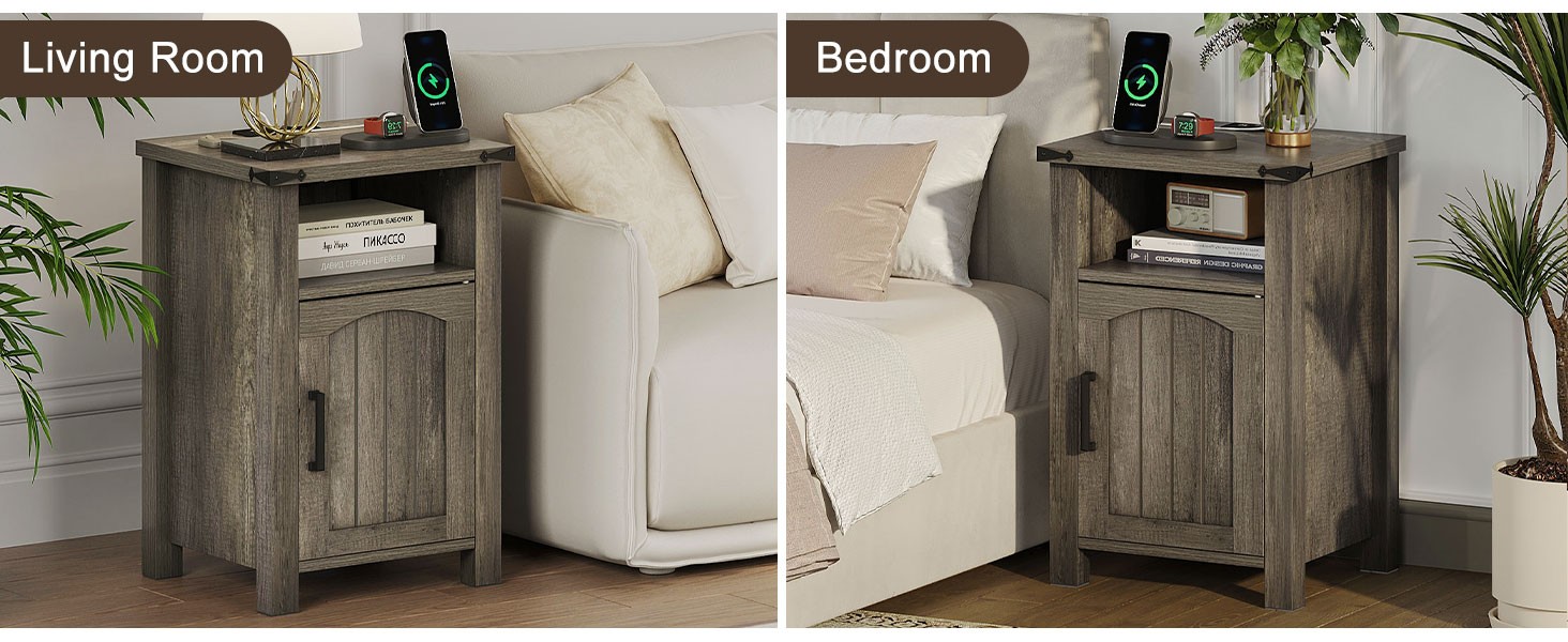 Farmhouse Nightstand with Charging Stat, Set of 2 End Table with
