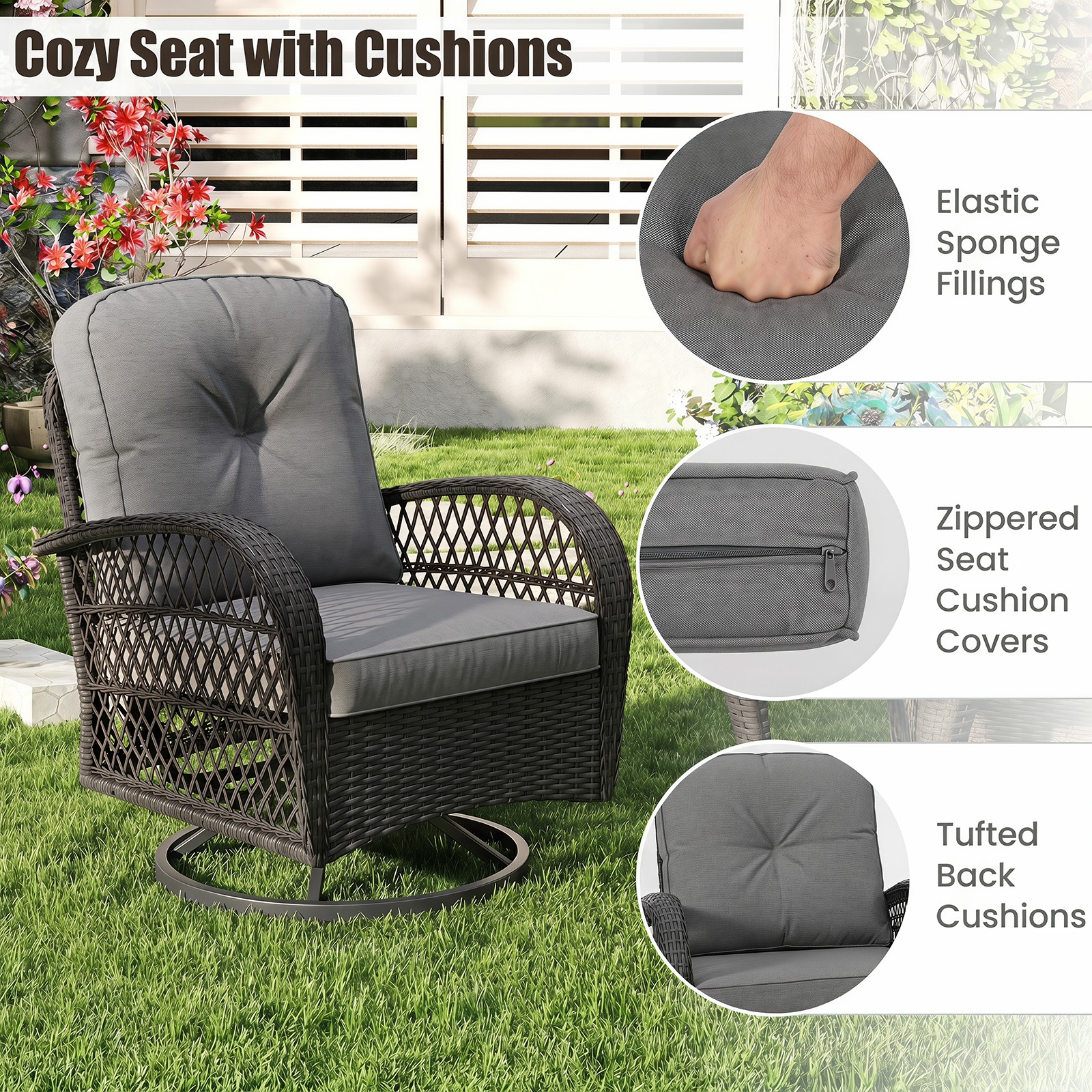 3PCS Patio Swivel Rocker Set Gliding Bistro Furniture Set with Tempered Glass