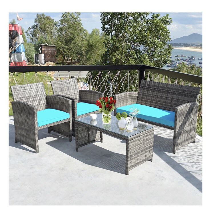 4PCS Patio Rattan Conversation Glass Table Top Cushioned Sofa Torquoise Stylish