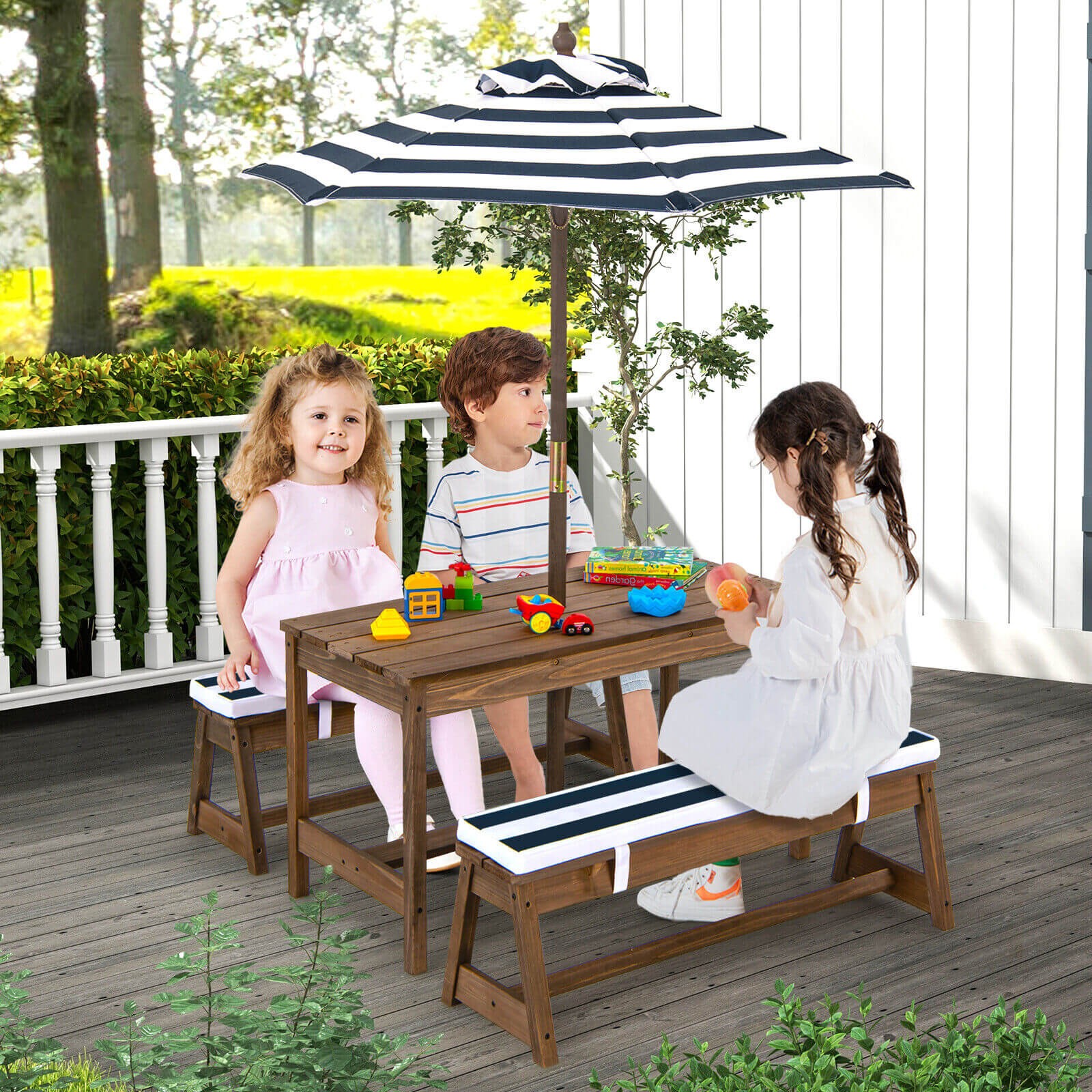 Kids Picnic Table Bench Set w/ Cushions Height Adjust Umbrella Blue