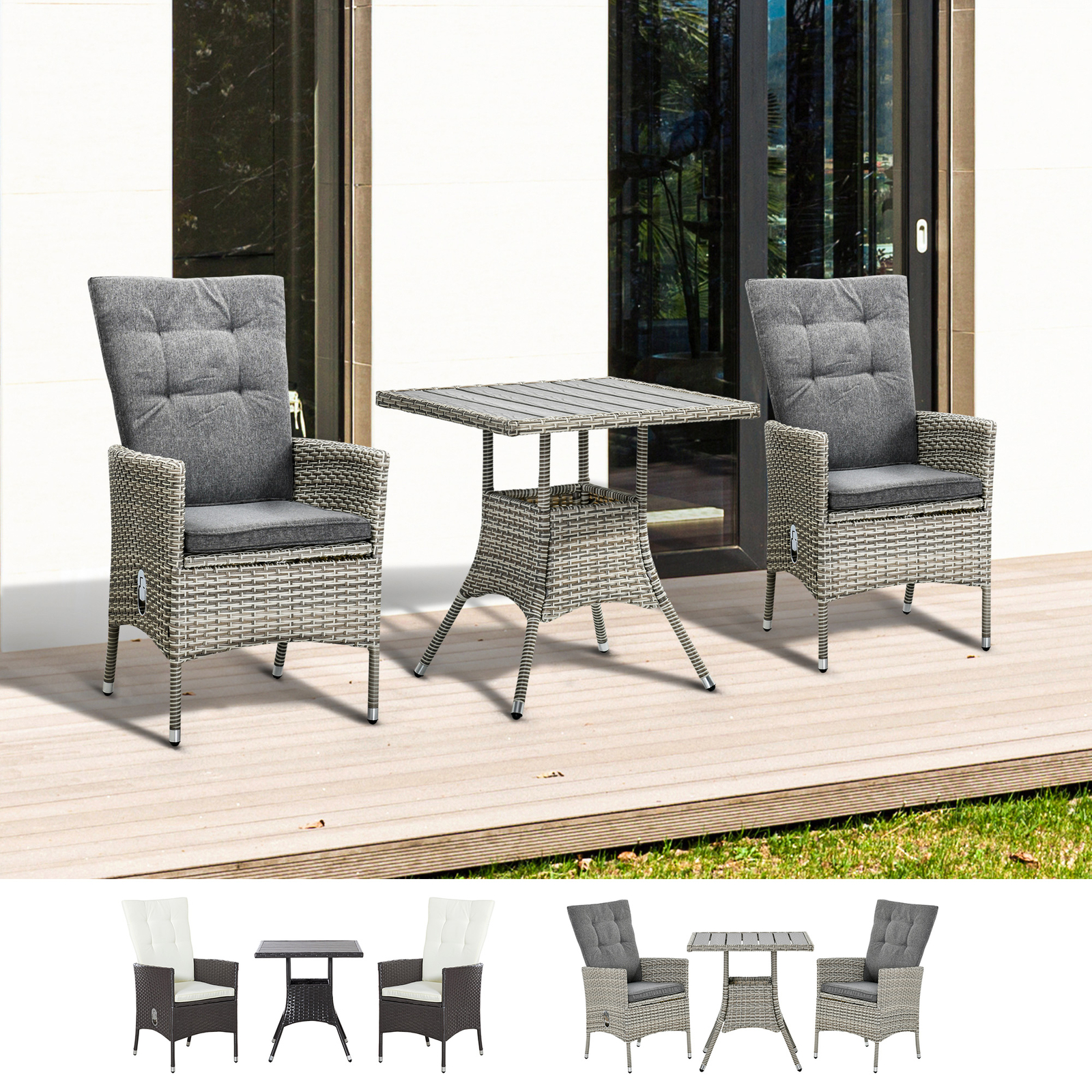 3 PCS Patio Wicker Conversation Recliner Chairs w/ Table Set, for Garden, Deck