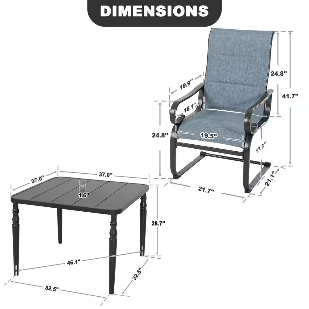 Black 5-Piece Padded Textilene and Metal Square Outdoor Dining Set with Umbrella