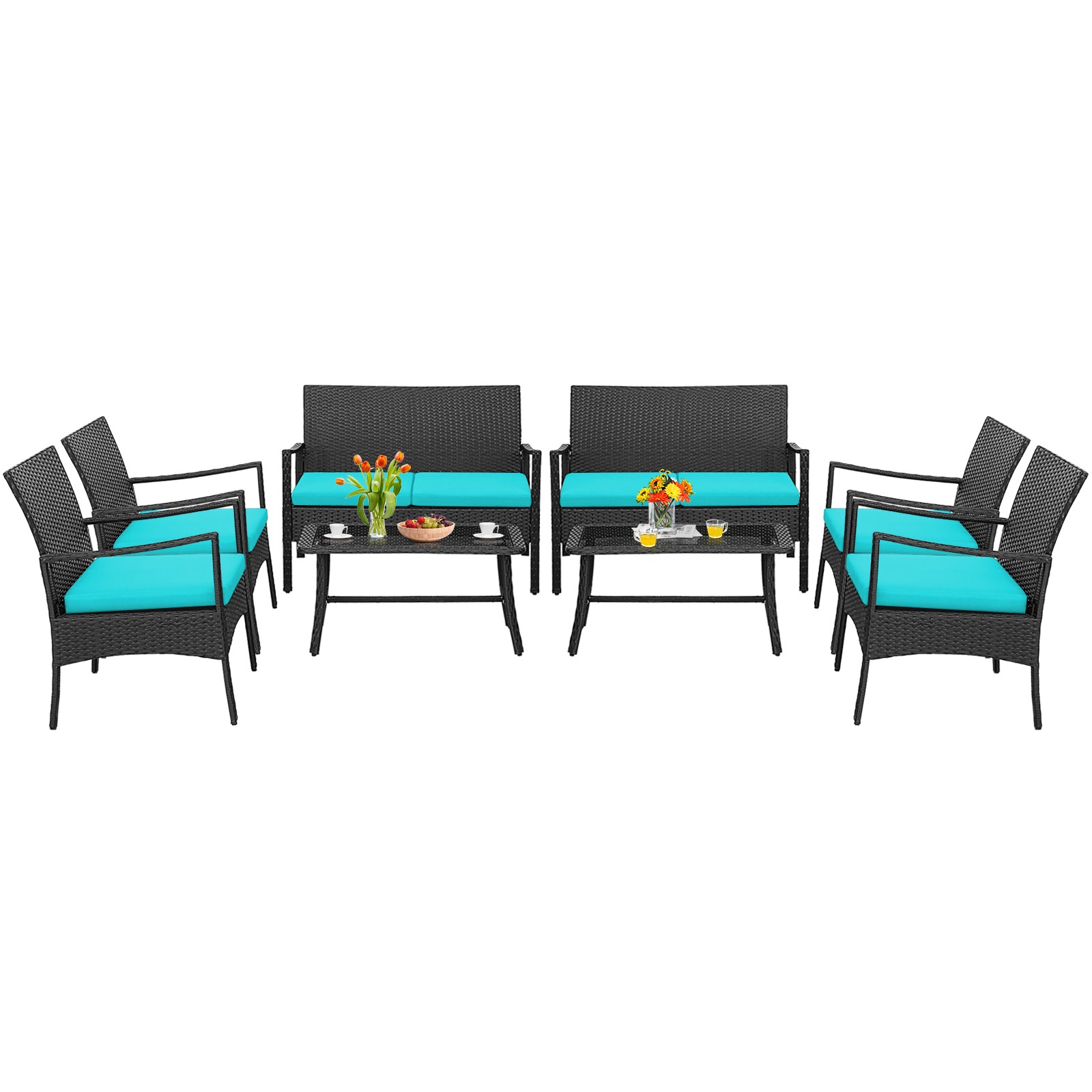8PCS Patio Wicker Furniture Set Cushioned Chairs& Loveseat W/Coffee Table Garden