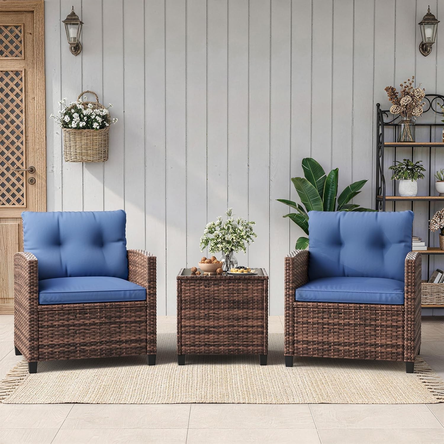 3 PCS Patio Furniture Set Outdoor Paded Rattan Wicker Sofa Chair w/ Coffee Table