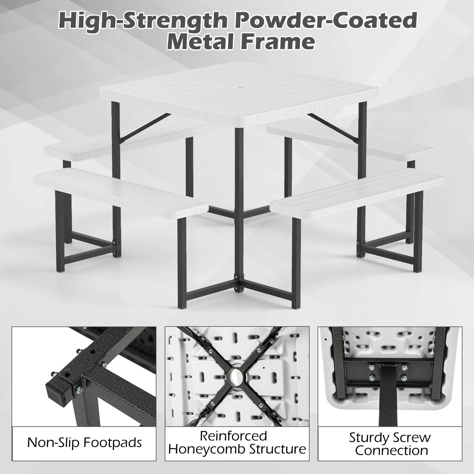 Picnic Table Bench Set for 4-8 People w/ Umbrella Hole All-Weather HDPE Tabletop