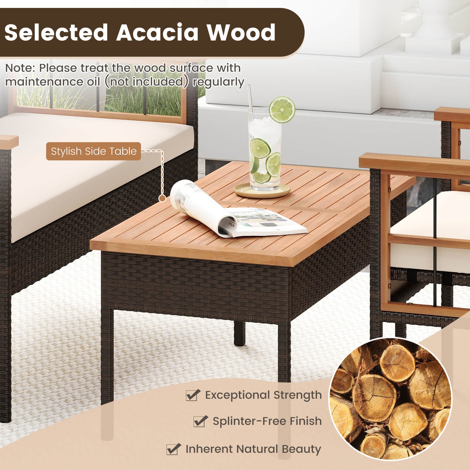 4 PCS Wicker Furniture Set w/Acacia Wood Tabletop Armrests Cushions for Backyard