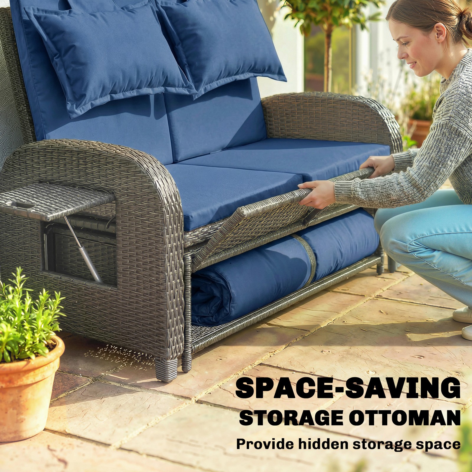 Outsunny Outdoor Patio Rattan Daybed w/ Storage Ottoman, Navy Blue