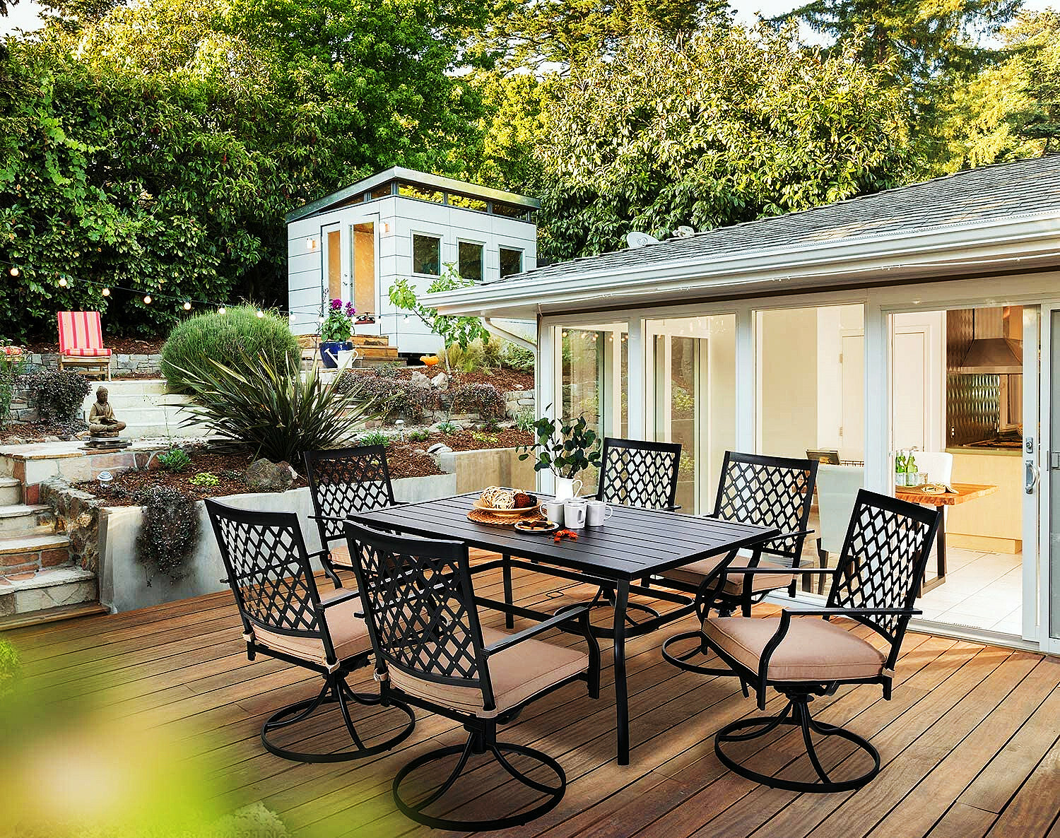 7 Piece Patio Outdoor Dining Sets Swivel Chairs with Cushion and Metal Table