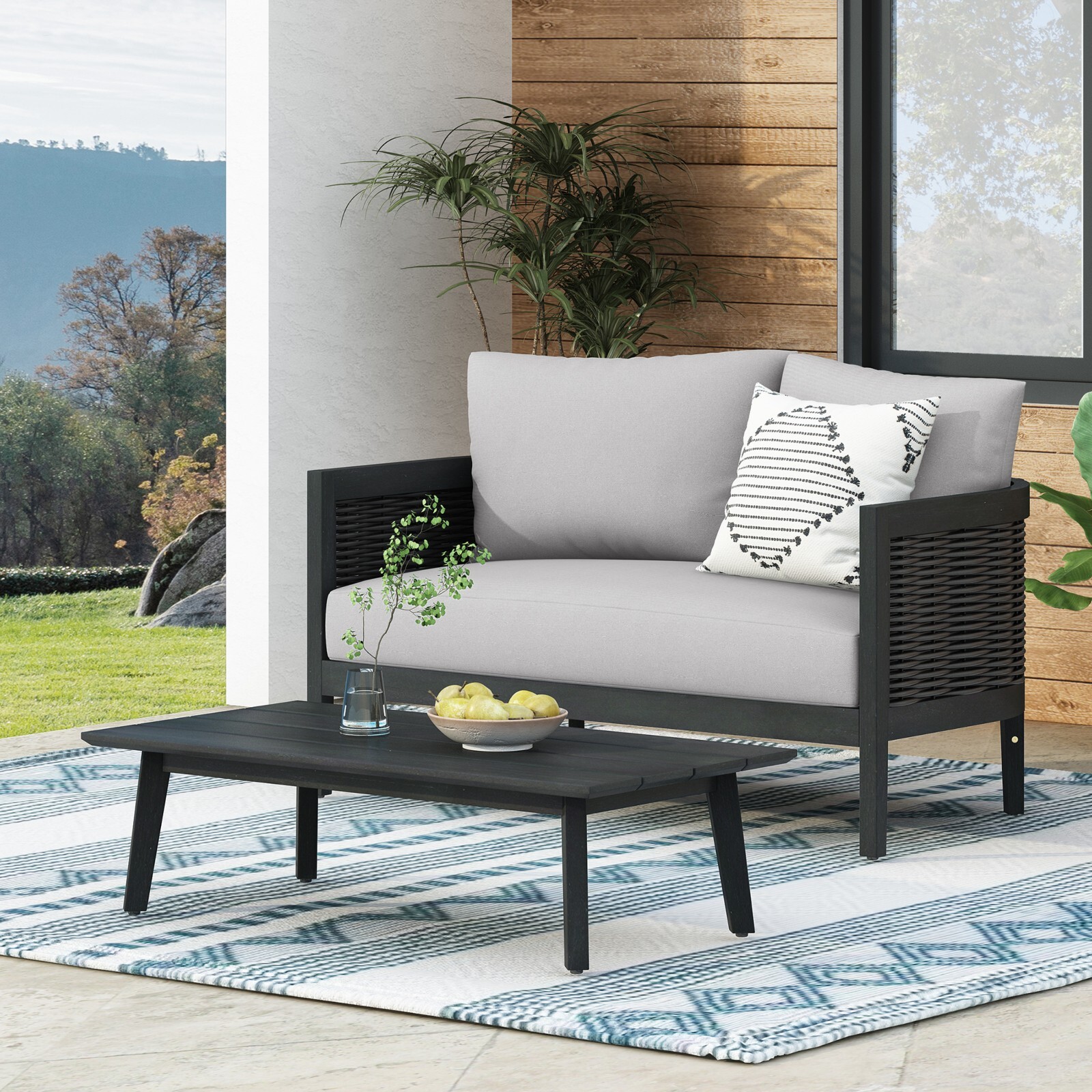 Outdoor Acacia Wood Loveseat & Coffee Table Set – Wicker Accents, Weather-Resist