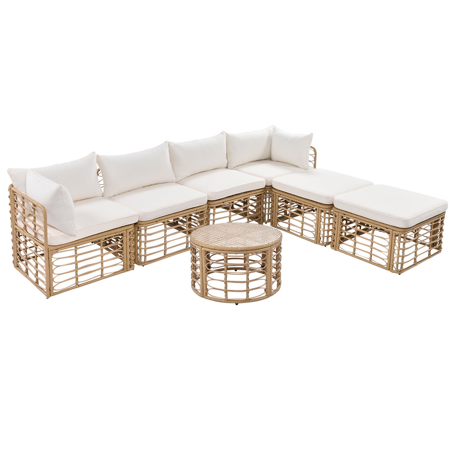 7-Piece Outdoor Patio Rattan Sofa Set with Cushions, Beige