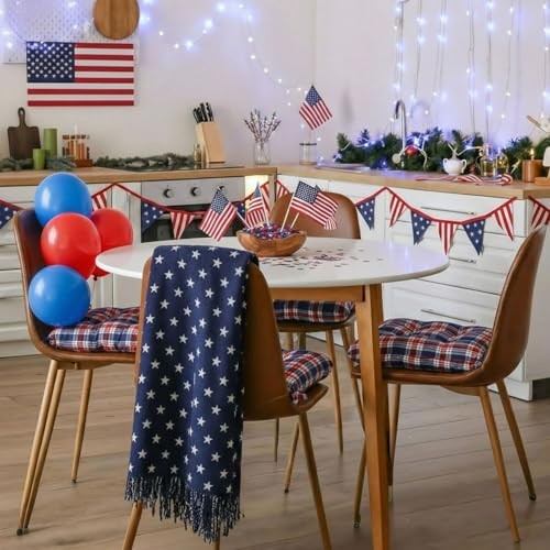 Set of 4 Navy and Red Plaid Chair Cushions with Ties for Dining Chairs