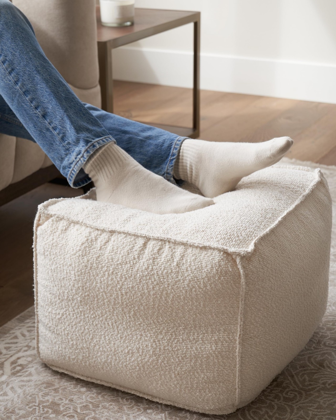 ZICOTO Beautiful Boucle Pouf Ottoman and Foot 19.3″D x 19.3″W x 14.5″H, Beige