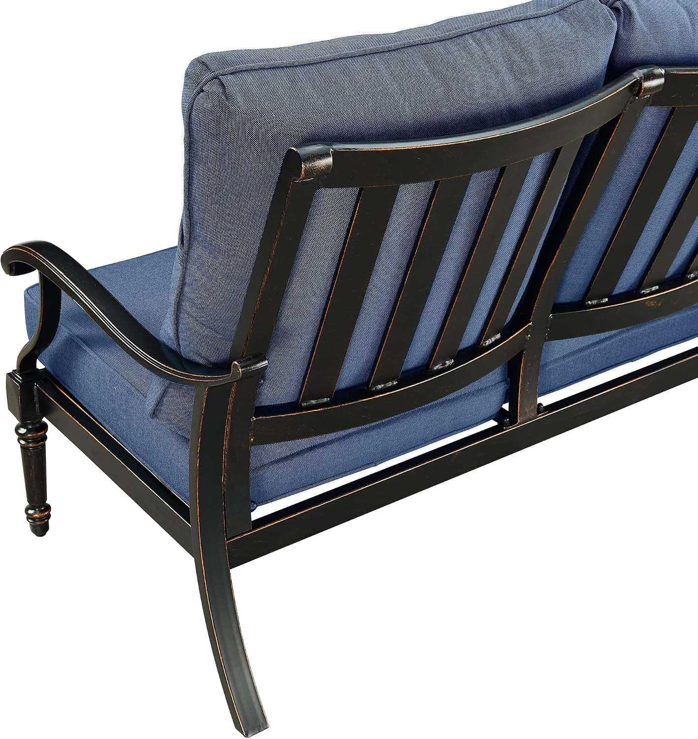 Black Aluminum Patio Deep Seating Outdoor Two Seater Loveseat with Blue Cushions