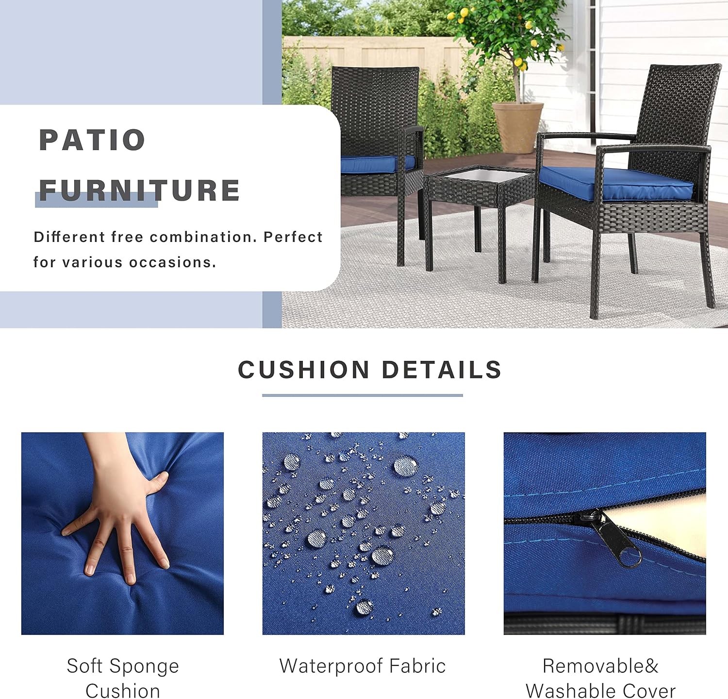 3PCS PE Rattan Patio Conversation Set Outdoor Patio Furniture Sets | Thick