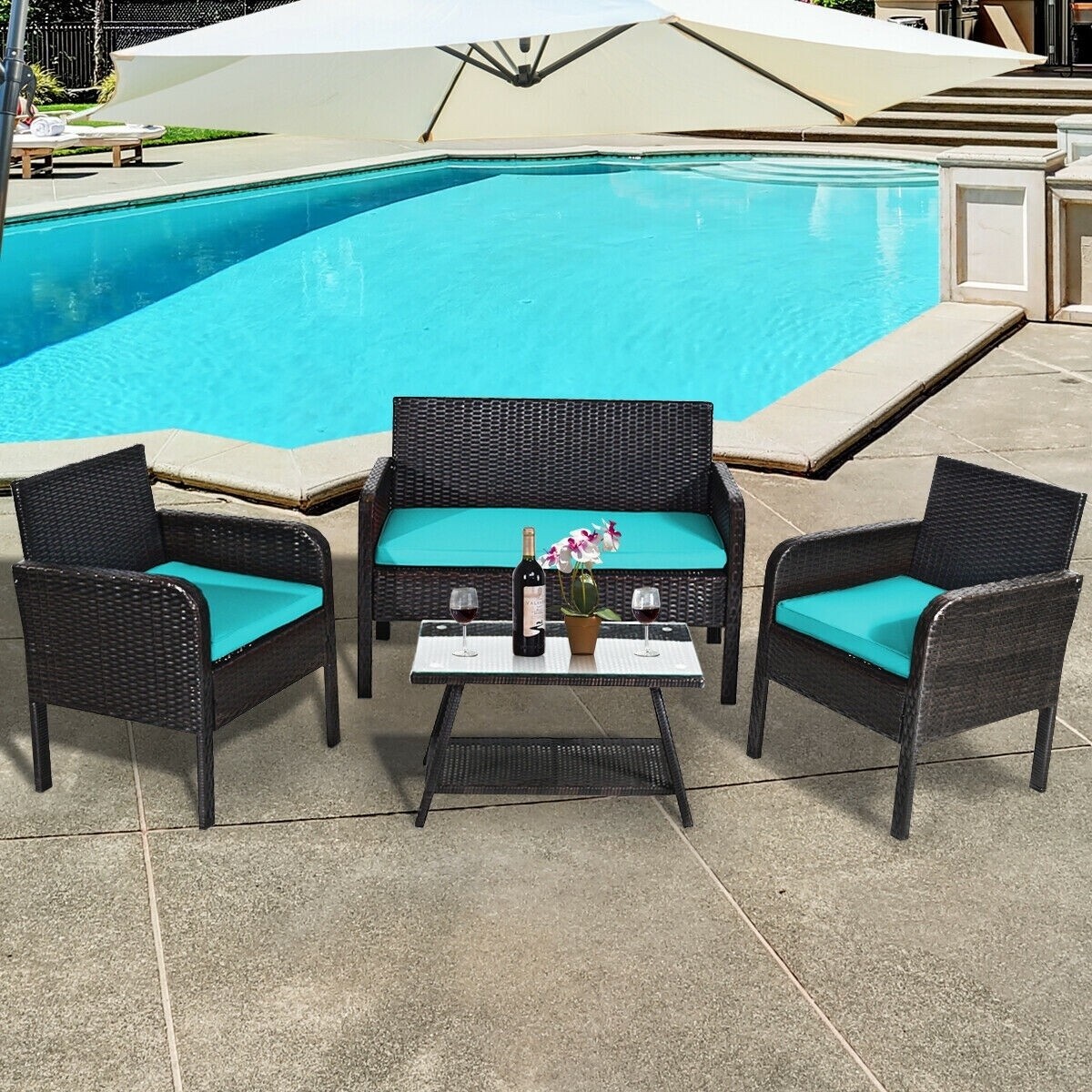 4 Piece Patio Furniture Set Garden Outdoor/Indoor Veranda Sectional Sofa Rattan