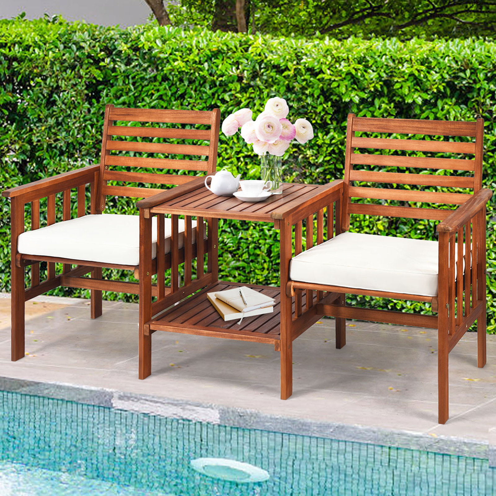 Acacia Wood Loveseat Patio Outdoor Conversation Set w/ Table White Cushion