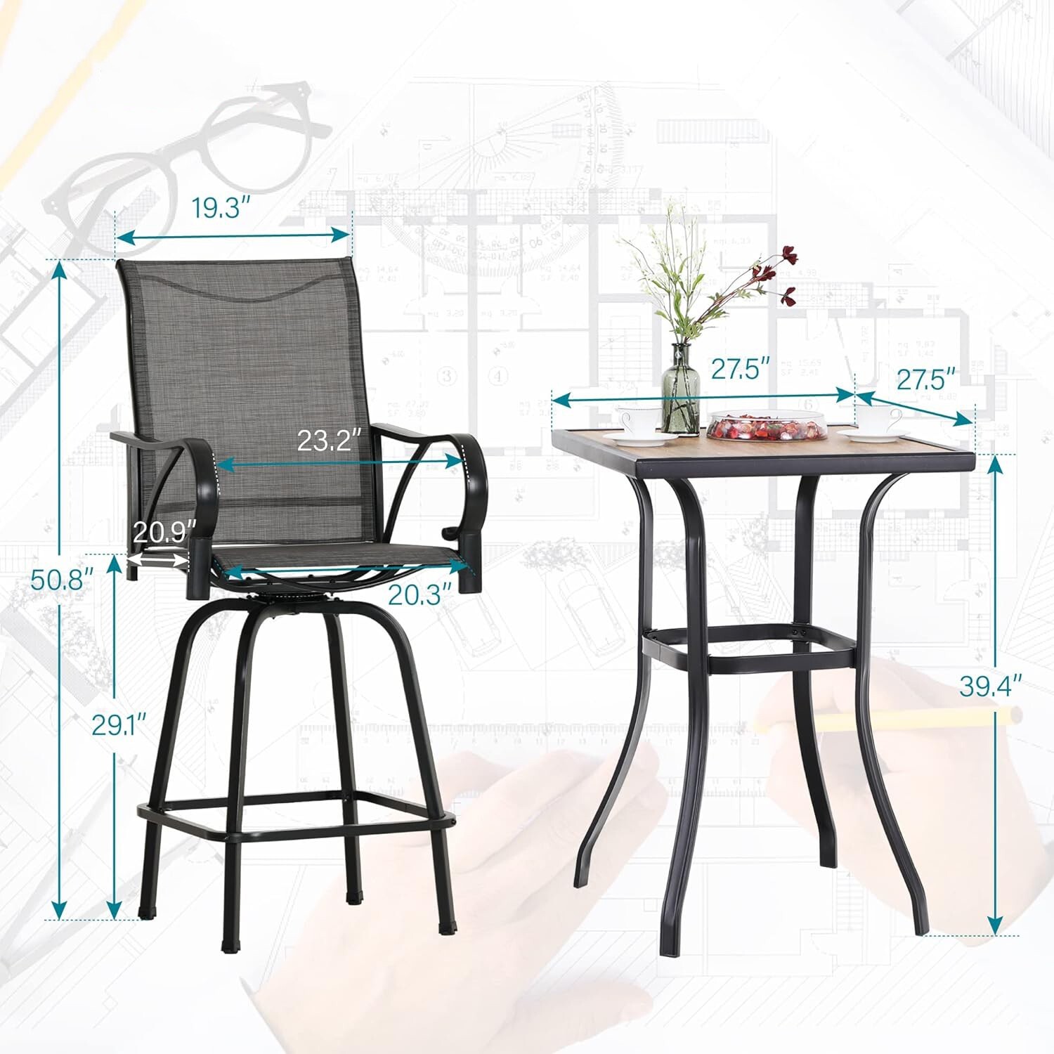 5 PCS Patio Bar Table Chair Set Swivel Bar Height Chair Bar Stools Outdoor Table
