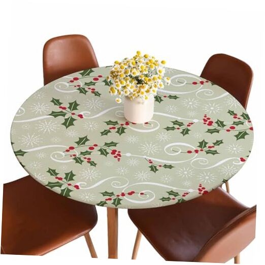 Christmas Pattern Round Table Cloth Cover Snowflake Red Berry Leaves Winter