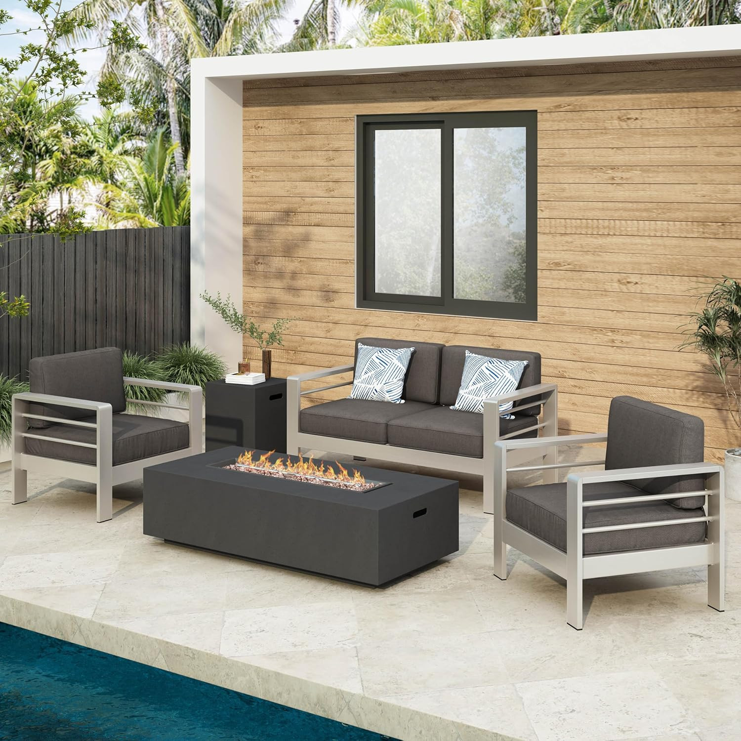 Cape Coral 5-Pc Outdoor Chat Set with Fire Table – Khaki & Dark Grey