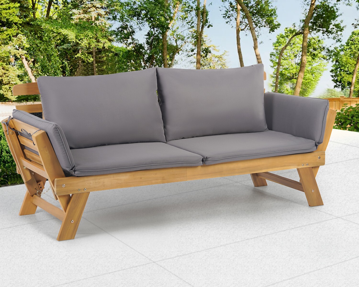Patio Couch Daybed with Adjustable Armrest, Wooden Loveseat and Expandable Plate