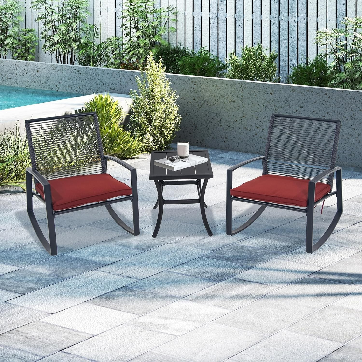 Domi 3-Piece Wicker Rocking Chair Set w/ Cushions & Table for Backyard,Red