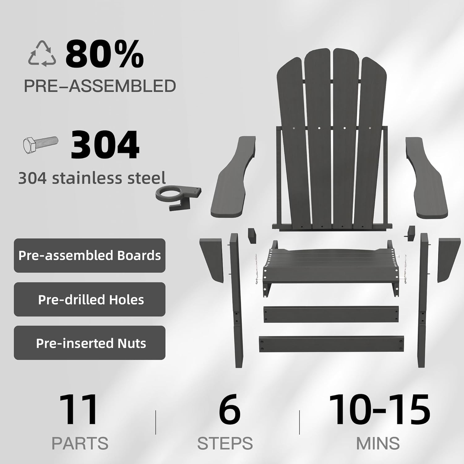 6pcs All-Weather HDPE Folding Adirondack Chair Fire Pit Chair w/Cup Holder,Grey