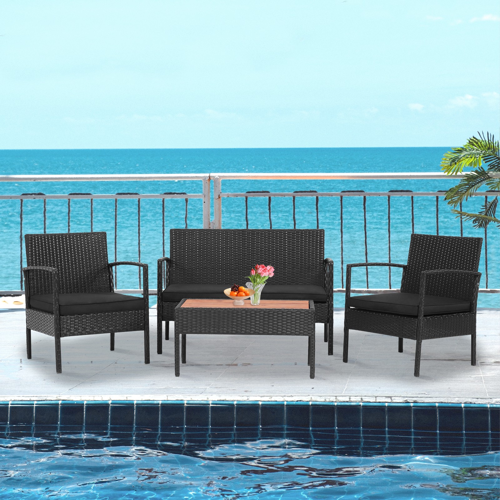 Patiojoy Outdoor 4PCS Rattan Furniture Set Cushioned Chair Wooden Tabletop Black
