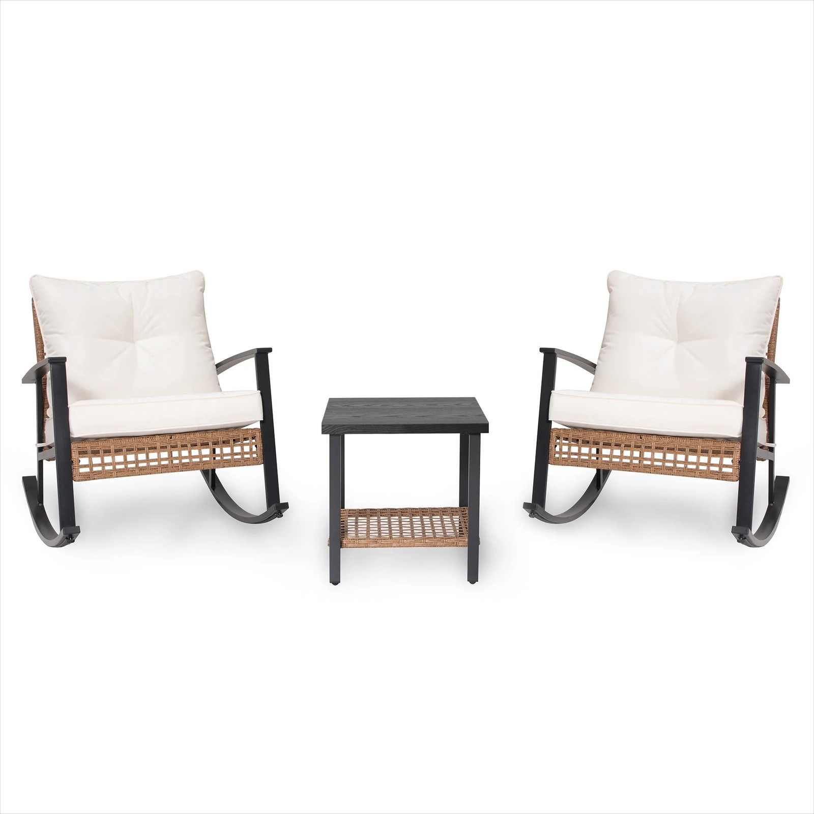 LAUSAINT HOME 3PC Patio Conversation Set Wicker Rocking Chairs 2-Tier Table Beig