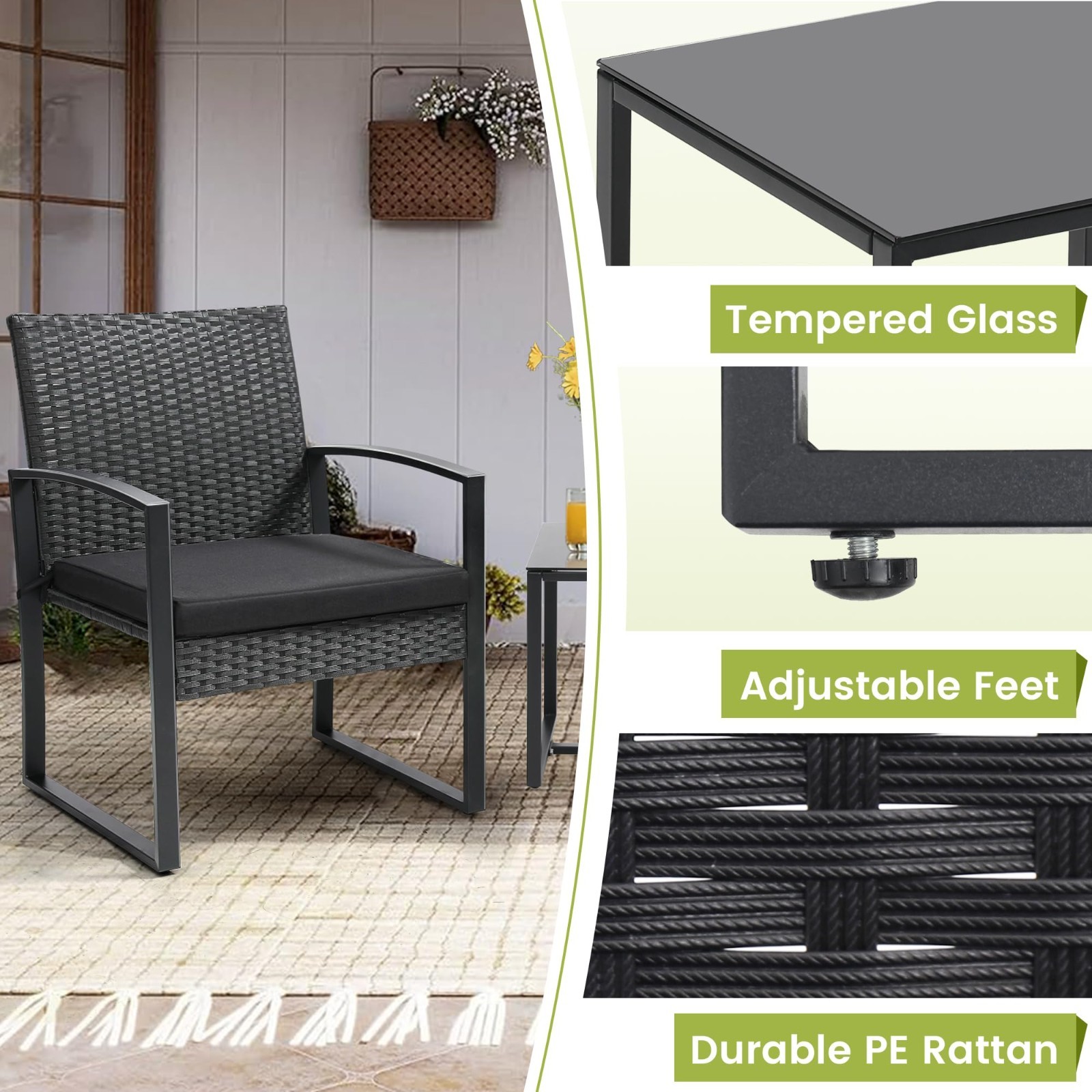3-Piece Outdoor Wicker Bistro Set, Patio Conversation Set with 2 Chairs & Table,