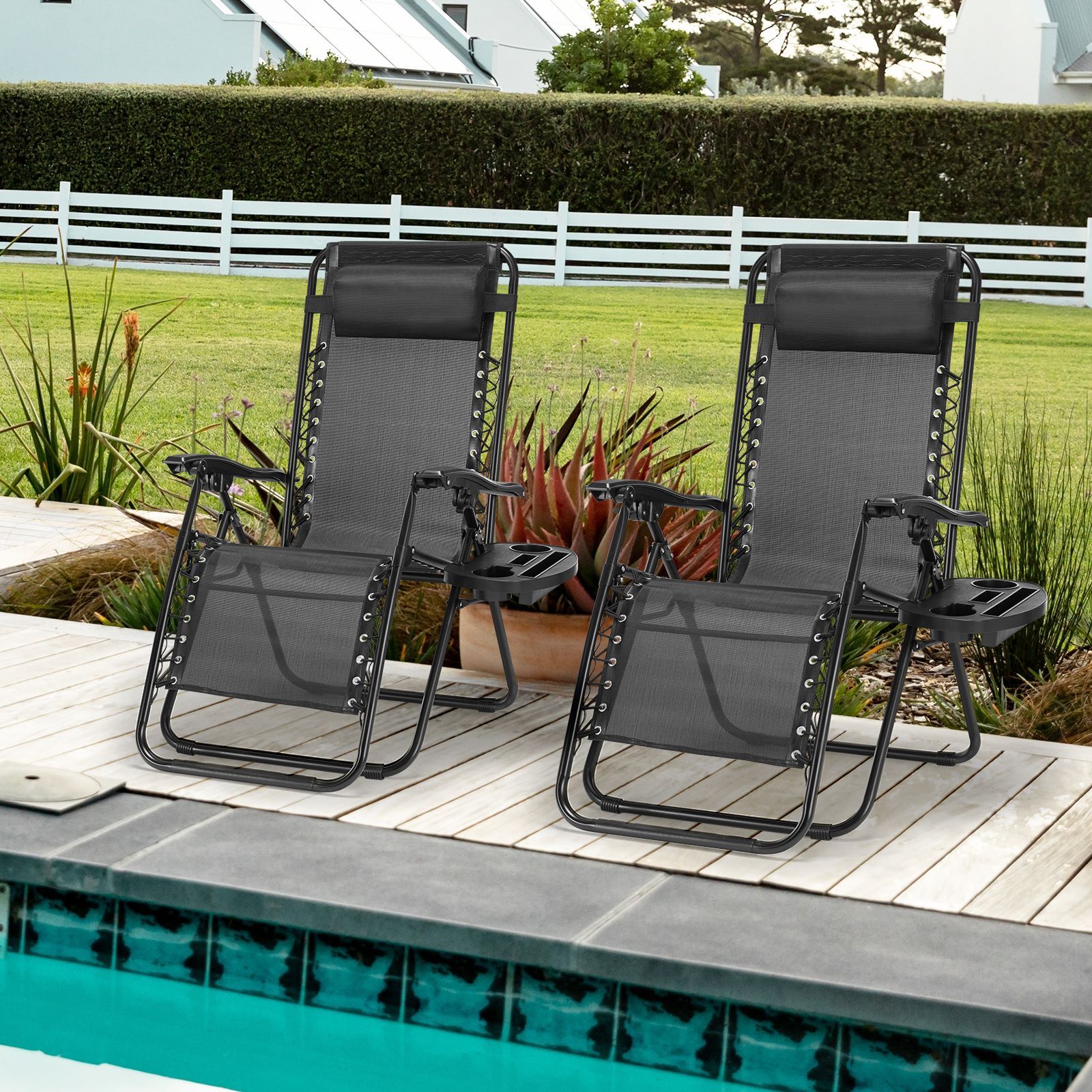 Portable Zero Gravity Lounge Chairs 2-Set Adjustable Pillow & Cup Holder Trays