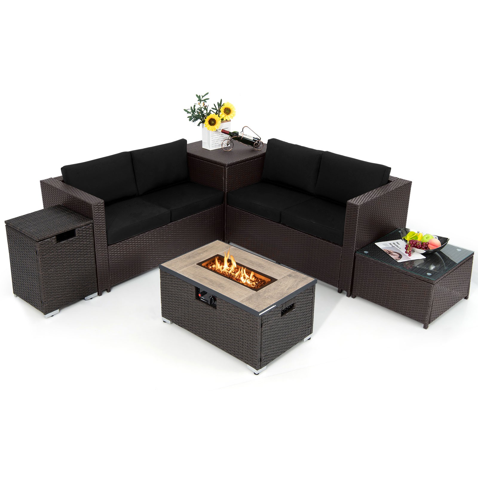 6PCS Outdoor Wicker Furniture Set w/32” Propane Fire Pit Table & Tank Holder