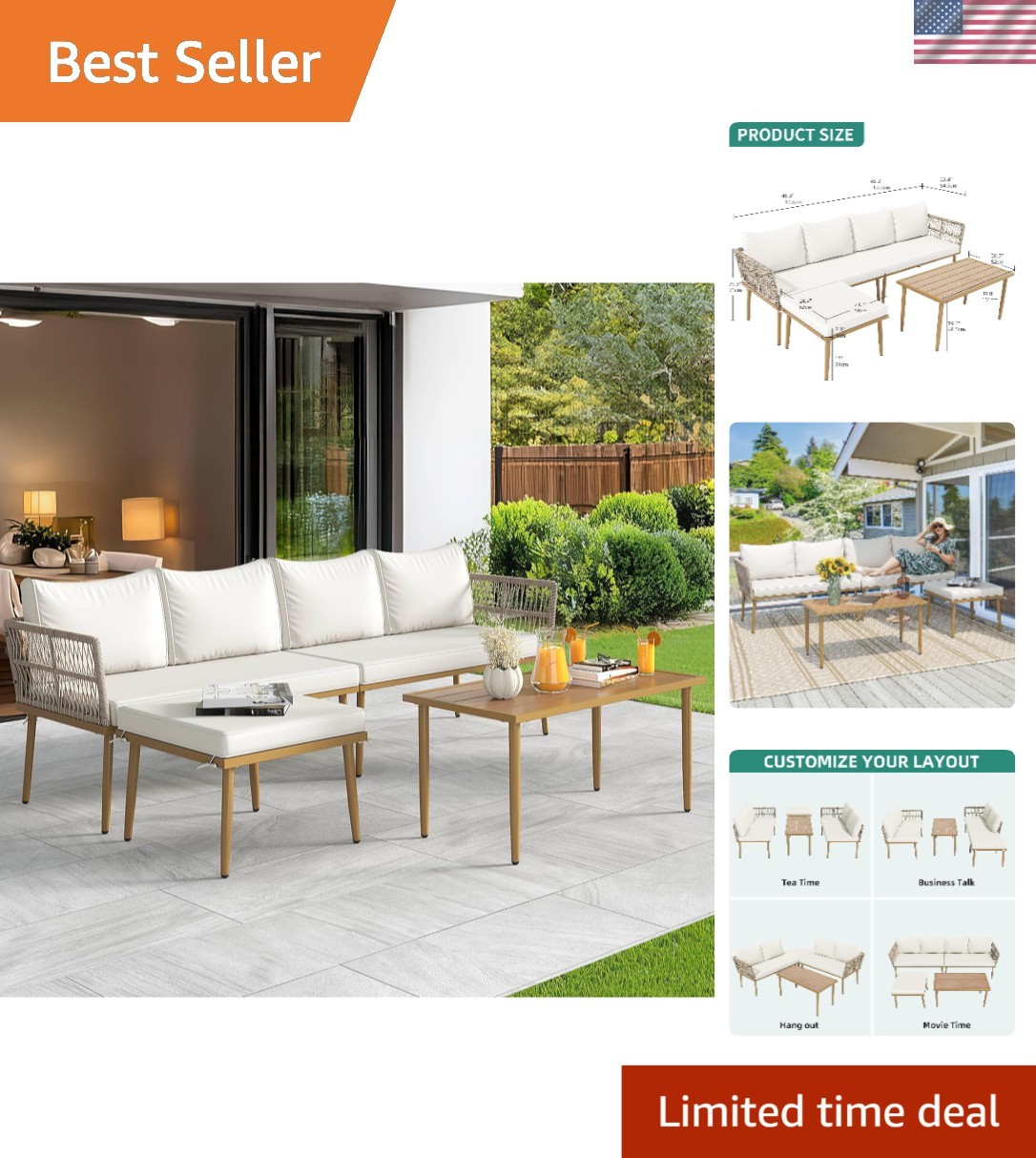 Bohemian-Inspired Outdoor Rattan Sectional Sofa Set – Seats 4-5 Comfortably