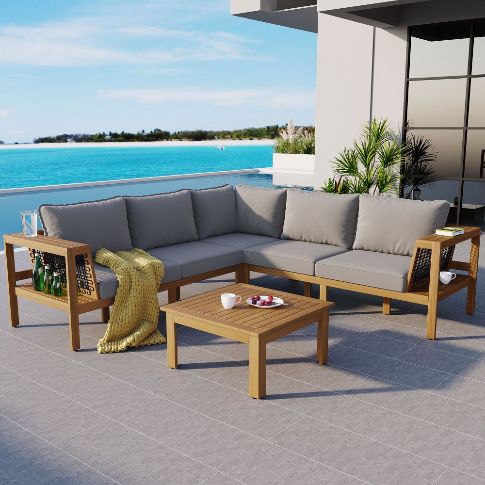 4-Piece Acacia Wood Patio Sofa Set w/ Coffee Table – L-Shaped Outdoor Sectional