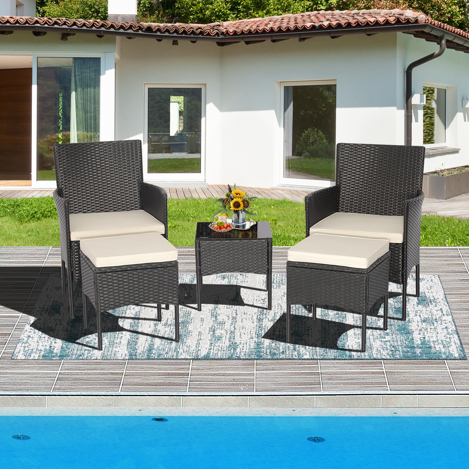 Patio 5PCS Rattan Furniture Set Cushioned Sofa Ottoman Armrest Side Table Garden