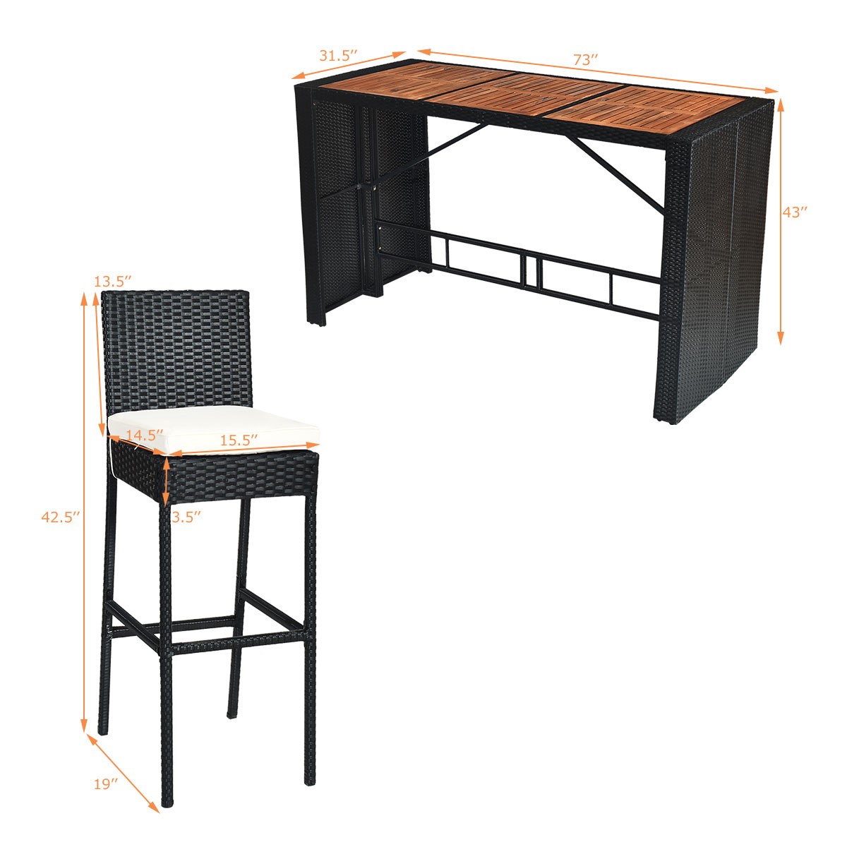 7 PCS Rattan Bar Table & Chair Set Dining Furniture Set Wood Table Top Outdoor