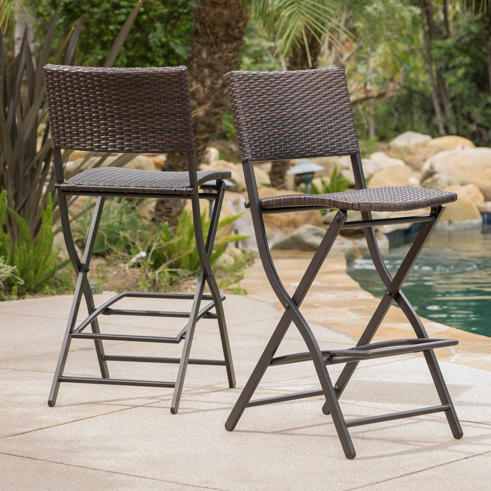 Outdoor Wicker Barstools Faux Rattan Patio Bar Stools Foldable, Set of 2
