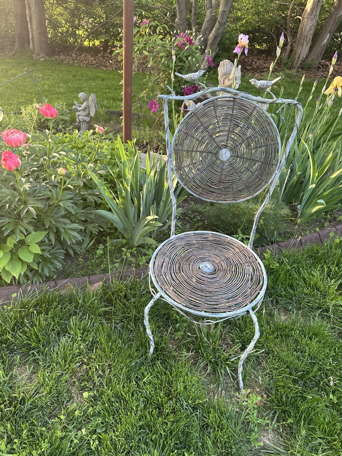 Vtg Bird on Branch French Hand Forged Iron and Wicker Bistro Table and 2 Chairs