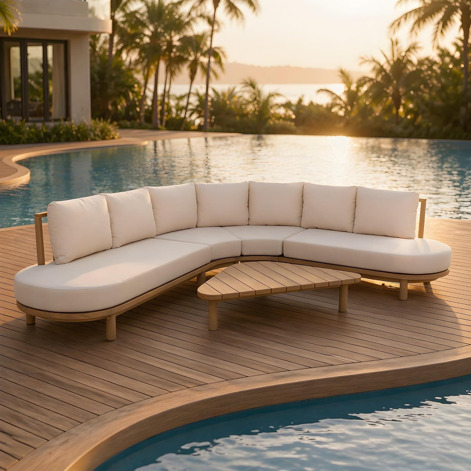 5 Piece Patio Acacia Wood Curved Sectional Sofa Set, Outdoor Half- Moon Sofa Cou