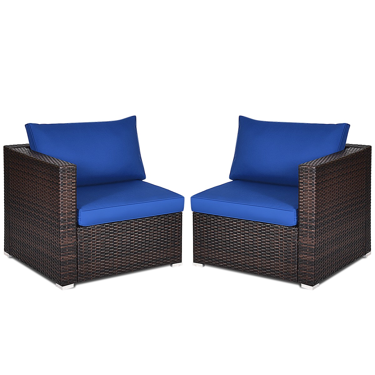 2PCS Patio Rattan Corner Sofa Sectional Furniture Conversation Set Navy Cushion