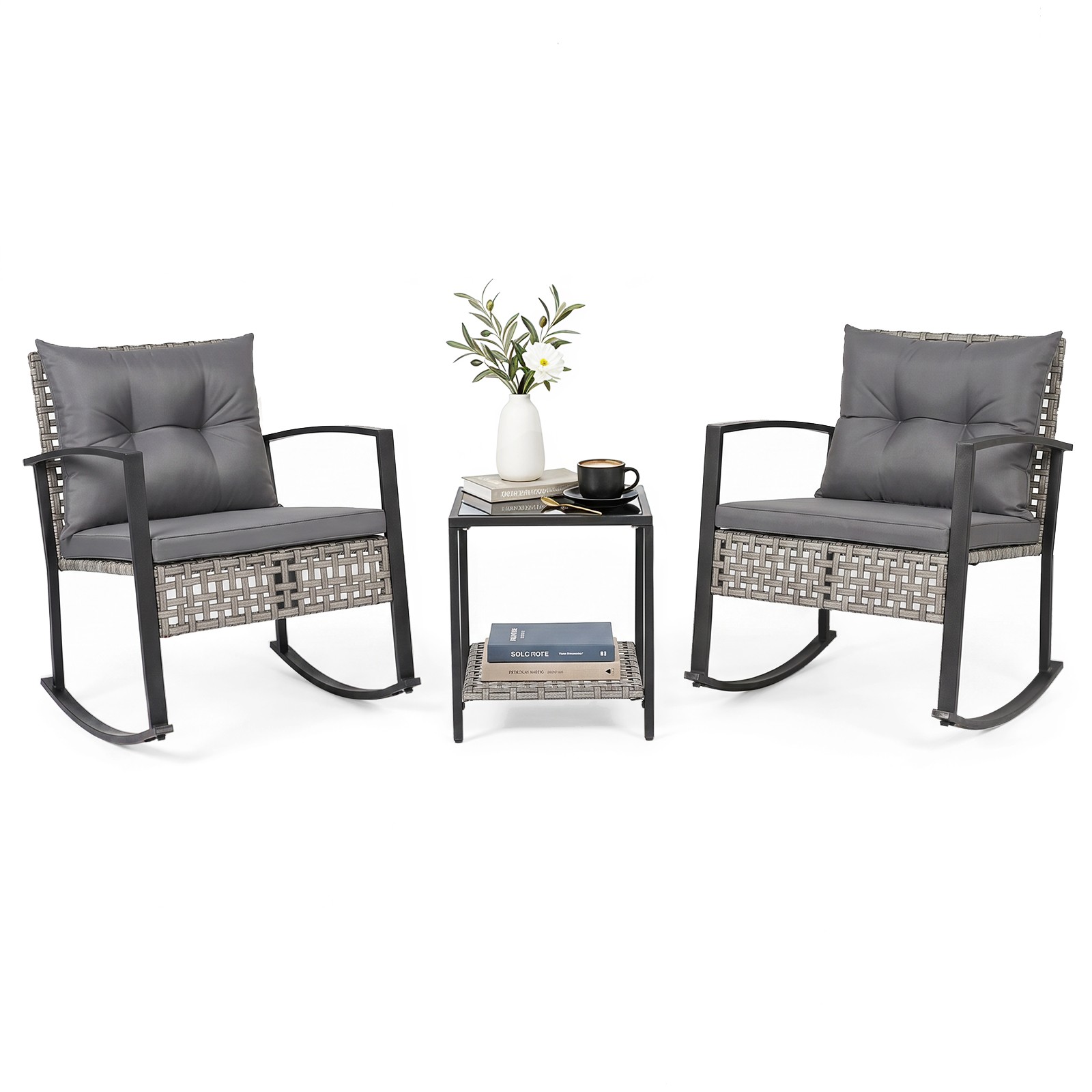 3-Piece Outdoor Rocking Chair Set w/2 Chairs & 2-Tier Glass-Top Coffee Table