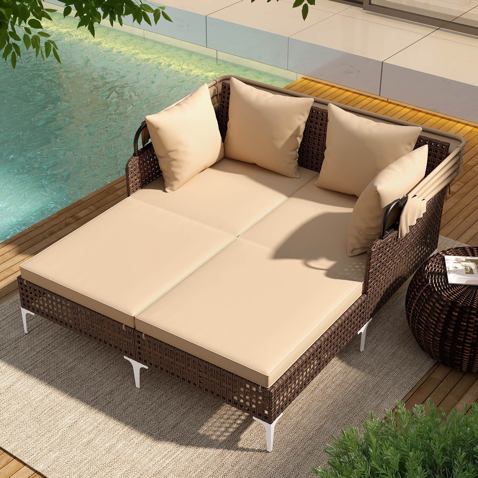 Outdoor Rattan Double Daybed w/ Retractable Canopy & Seat Back Cushions