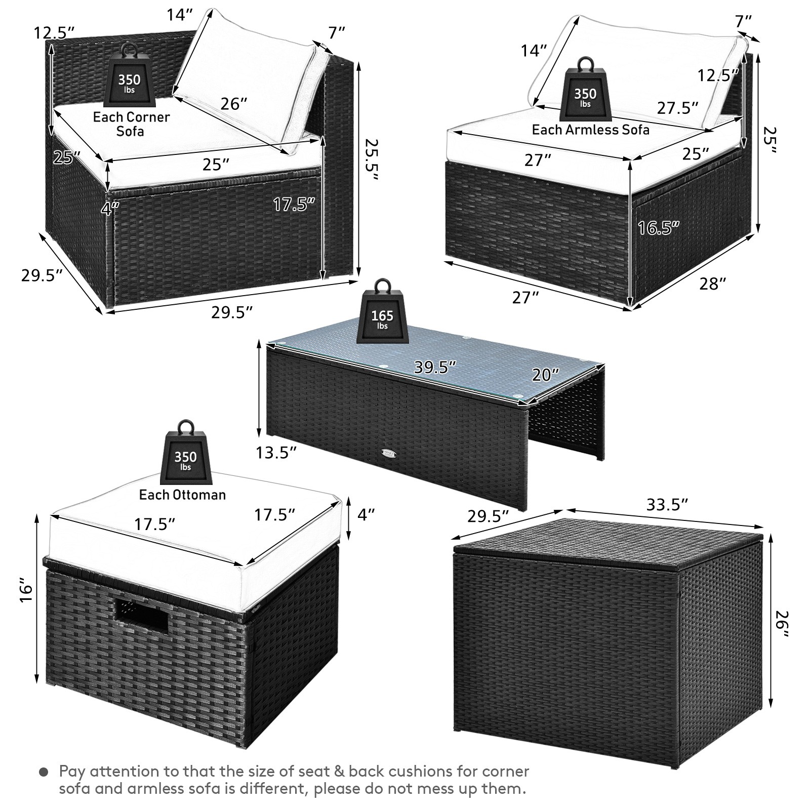 Patiojoy Patio 8PCS Rattan Furniture Set Storage Table Ottoman Off White
