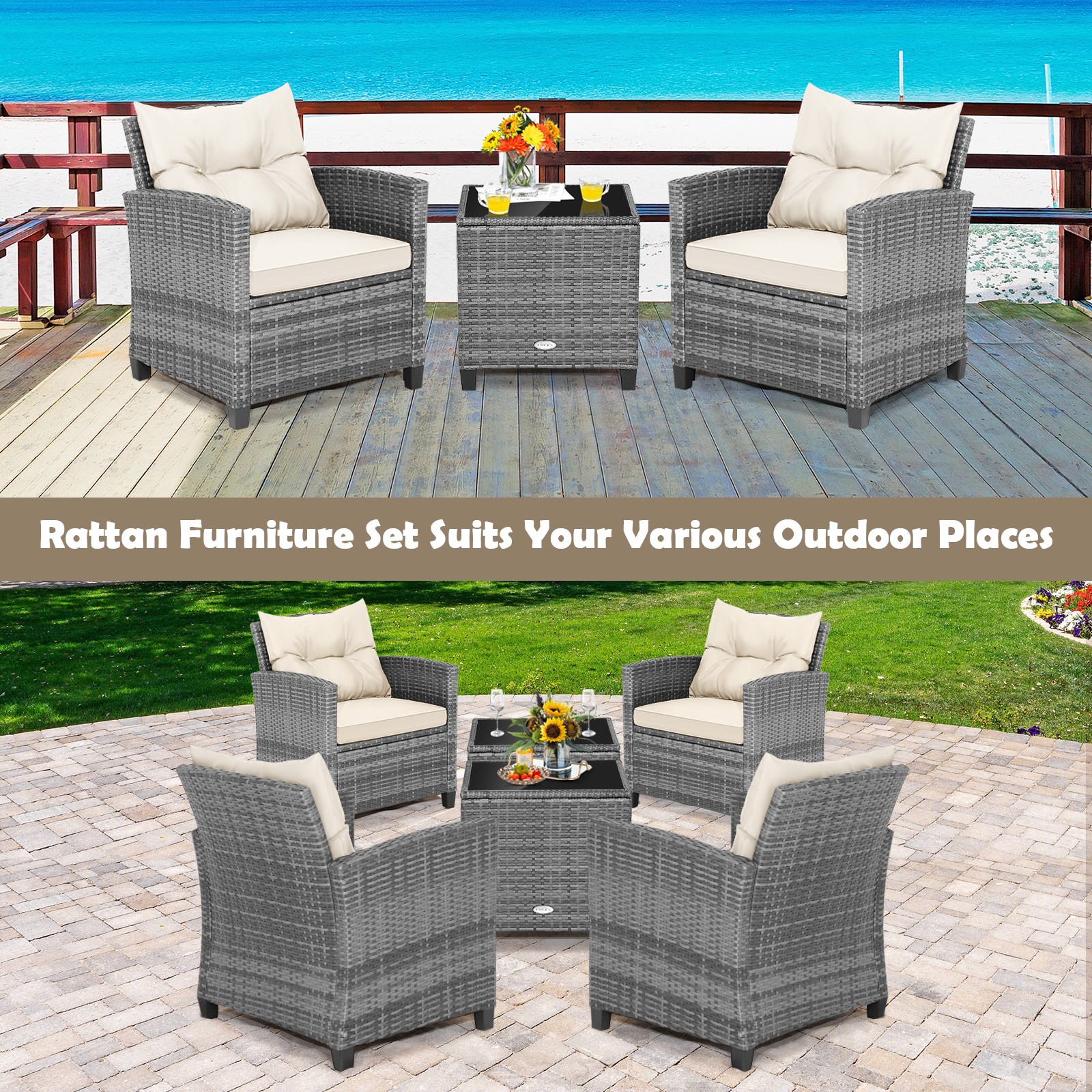 3PCS Patio Rattan Furniture Bistro Set Cushioned Sofas Side Table Armrest
